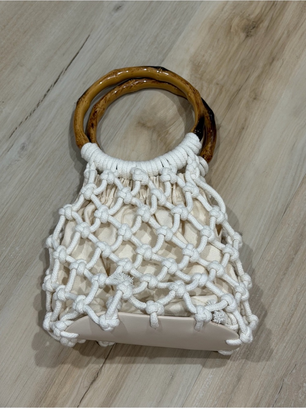 Handcrafted White Macrame Tote with Wooden Handles
